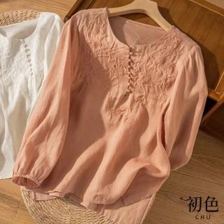 【初色】涼爽透氣棉麻風刺繡文藝T恤上衣女上衣-共4色-66518(M-2XL可選)
