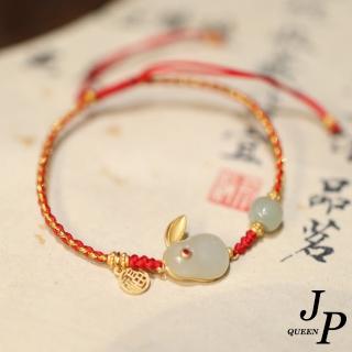 【Jpqueen】雙耳玉兔和田玉編織紅繩伸縮手鍊(紅色)