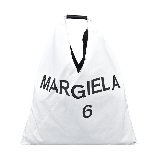 MM6 MAISON MARGIELA MM6 Maison Margiela JAPANESE白字LOGO字母花紋三角造型帆布手提肩背托特包 白