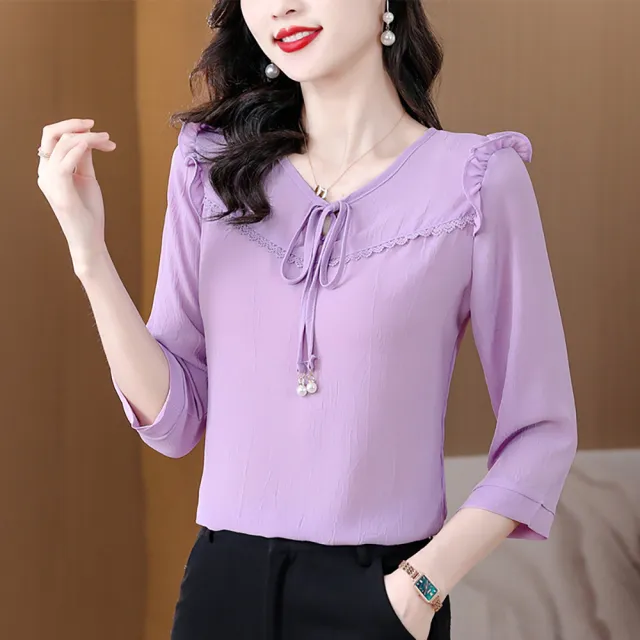 【麗質達人】3717綁帶七分袖上衣-四色AA(M-4XL)