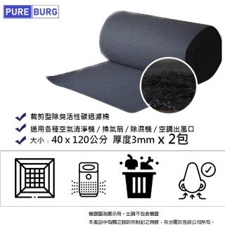 【PUREBURG】2入組-裁剪型除臭活性碳過濾棉濾網適用各種空氣清淨機 除濕機 換氣扇 廚餘桶 3mm厚 2包入