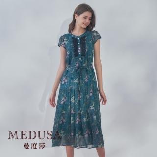 【MEDUSA 曼度莎】現貨-蕾絲裝飾半開襟雪紡洋裝（M-XL）｜長洋裝 連身洋裝(320-20706)
