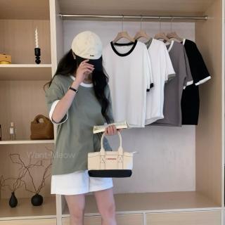 【Want-Meow】85公斤可穿/臺灣製/寬鬆圓領撞色領抹茶色素T(素T短袖上衣/短T/T恤/大碼/大尺碼/加大碼)