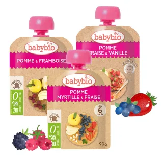 【BABYBIO】纖果泥-莓好時光6入組-蘋果草莓/蘋果藍莓草莓/蘋果覆盆莓各2包(貝優寶寶果泥 副食品)