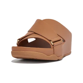 【FitFlop】SHUV LEATHER CROSS SLIDES簡約造型交叉涼鞋-女(拿鐵棕褐色)