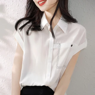 【MsMore】休閒撞色知性襯衫夏季新款白色百搭翻領短袖寬鬆短版上衣#117460(白)