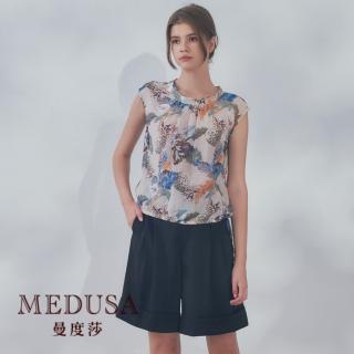 【MEDUSA 曼度莎】現貨-臺灣製 涼感 花葉胸壓褶無袖上衣（M-2L）｜女上衣 涼感上衣 加大尺碼(320-73201)