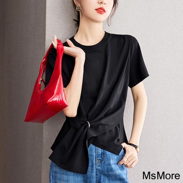 【MsMore】黑色復古設計感圓領開叉T恤寬鬆顯瘦短版短袖上衣#117393(黑)