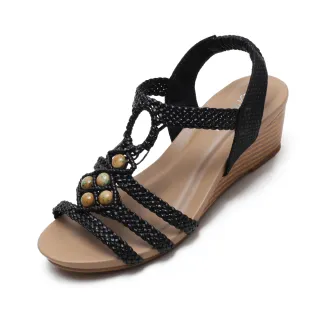 【QUEENA】坡跟涼鞋 編織涼鞋/波西米亞民族風手工編織串珠造型坡跟涼鞋(黑)