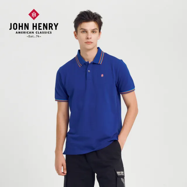 【JOHN HENRY】配色條紋領POLO衫-藍色