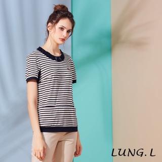 【LUNG.L 林佳樺】LL83A 藍白條紋領口抽摺短袖上衣(女裝 短袖 棉質)