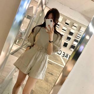 【BBHONEY】復古泡泡袖短款上衣+高腰繫帶休閒短褲(網美熱搜套裝)