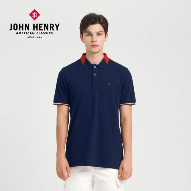【JOHN HENRY】拼接幾何領POLO衫-深藍