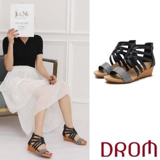 【DROM】坡跟涼鞋 縷空涼鞋/百搭歐美時尚交叉縷空飾帶造型坡跟涼鞋(黑)