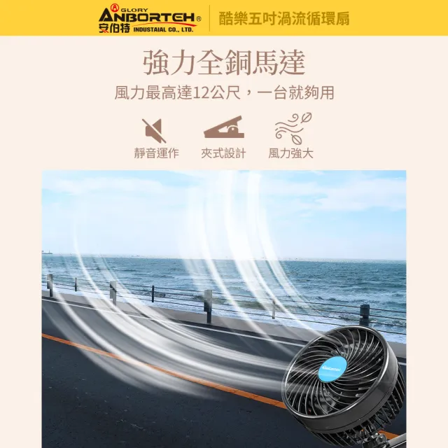 【ANBORTEH 安伯特】酷樂五吋渦流循環扇(車用電扇 夾式風扇 車用電風扇)