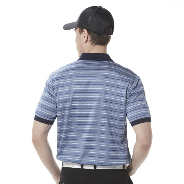 【Lynx Golf】男款歐洲進口絲光緹花面料百搭配色條紋胸袋款短袖POLO衫(藍色)