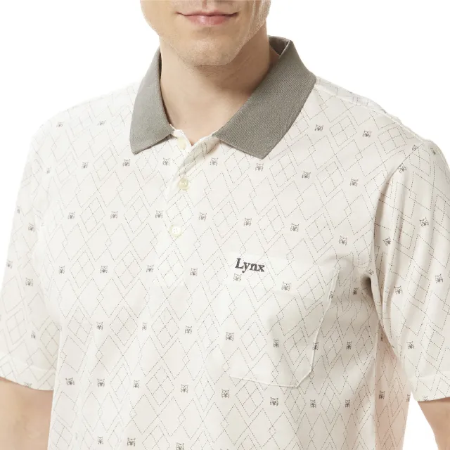 【Lynx Golf】男款雙絲光純棉羅紋領菱形排列滿版小山貓印花胸袋款短袖POLO衫/高爾夫球衫(二色)