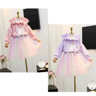 【安朵童舖】現貨韓版女童荷花邊帽T上衣套裝紗裙短裙兒童公主裙長袖上衣裙子(10)