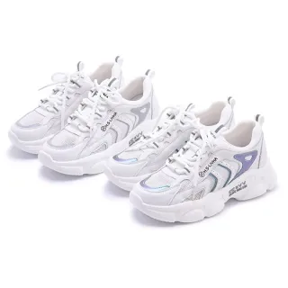 DN老爹鞋_牛皮拼接網布流線造型厚底休閒鞋(白灰/藍綠)