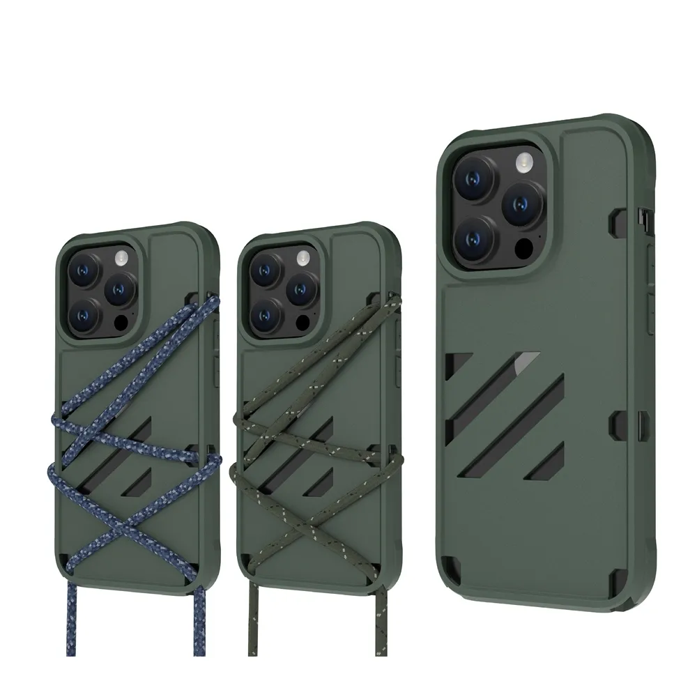 【ABSOLUTE】iPhone 14 Pro Max 6.7吋 LINKASE HYPER撞色雙用掛繩潮流矽膠保護殼 軍綠(附掛繩x2)