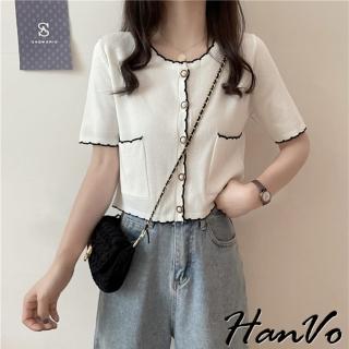 【HanVo】現貨 小香風滾邊短袖外套上衣(親膚透氣舒適針織短袖上衣 韓系針織衫 韓國女裝 女生衣著 A01-0044)