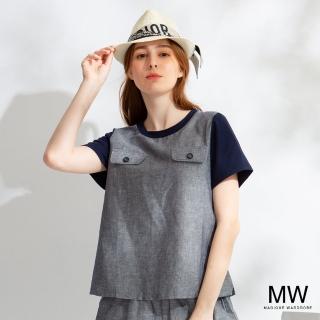 【MAGIQUE WARDROBE】亞麻棉釦飾撞色拼接上衣(2色)