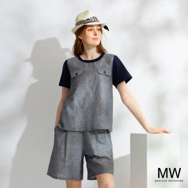 【MAGIQUE WARDROBE】亞麻棉釦飾撞色拼接上衣(2色)
