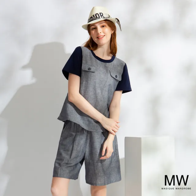 【MAGIQUE WARDROBE】亞麻棉釦飾撞色拼接上衣(2色)