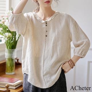 【ACheter】砂洗雨露棉麻條紋娃娃領寬鬆七分袖襯衫夏裝新款短版上衣#117544(杏)