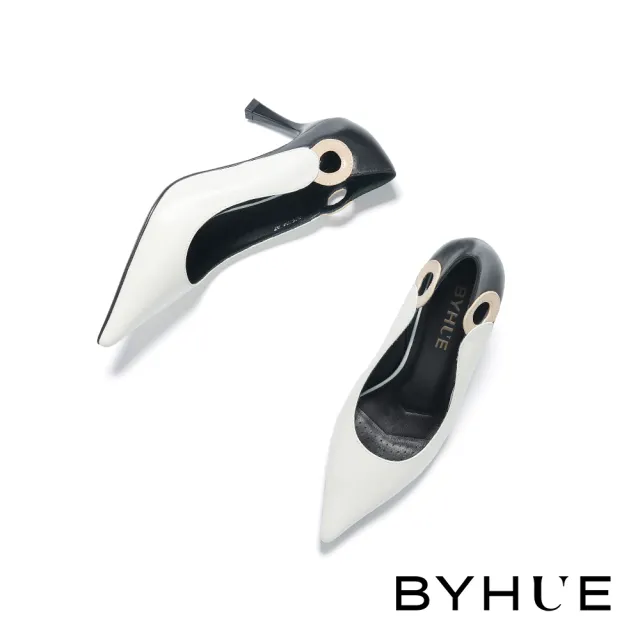 【BYHUE】雙11 極簡品味撞色拼接羊皮軟芯尖頭高跟鞋(米白)