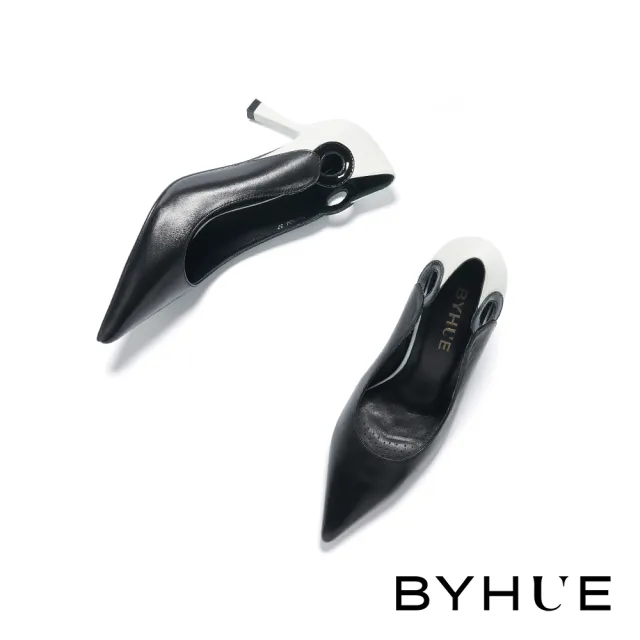 【BYHUE】極簡品味撞色拼接羊皮軟芯尖頭高跟鞋(黑)