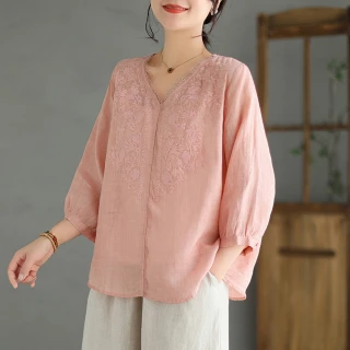 【ACheter】棉麻七分袖V領刺繡薄款棉麻氣質寬鬆短版上衣#117489(4色)
