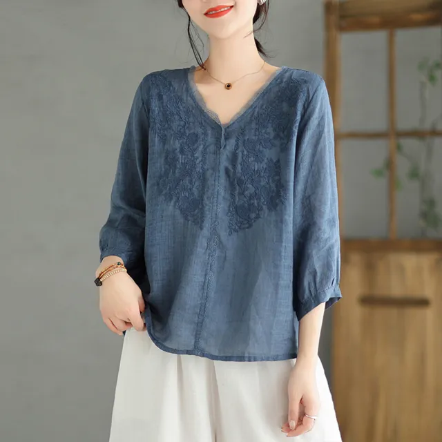 【ACheter】棉麻七分袖V領刺繡薄款棉麻氣質寬鬆短版上衣#117489(4色)