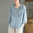 【ACheter】棉麻七分袖V領刺繡薄款棉麻氣質寬鬆短版上衣#117489(4色)