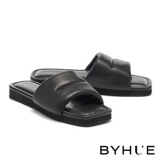 【BYHUE】隨興慵懶澎軟寬帶羊皮軟芯厚底拖鞋(黑)