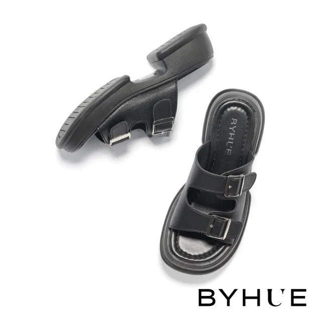 【BYHUE】簡約率性方釦雙繫帶軟芯厚底拖鞋(黑)