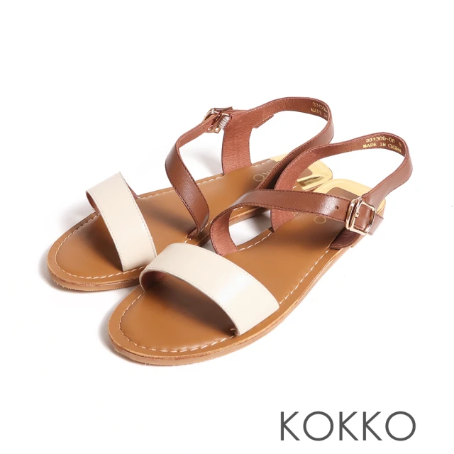 【KOKKO 集團】一字撞色不對稱拉帶平底涼鞋(白色)