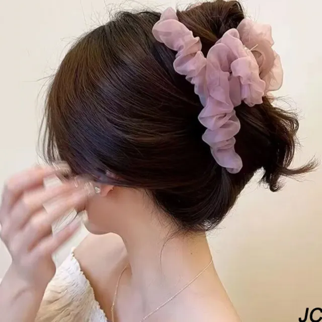 【JC Collection】韓版超仙氣質甜美紗網髮夾鯊魚夾(米白色、奶咖啡色、粉色)