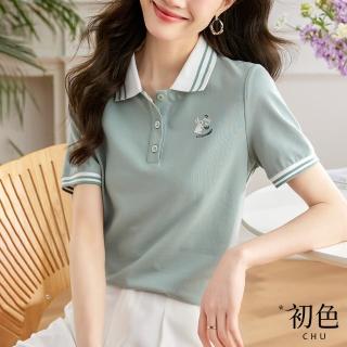【初色】襯衫領童趣兔子刺繡撞色拼接條紋袖口運動風短袖POLO衫上衣-灰綠色-68322(M-2XL可選)