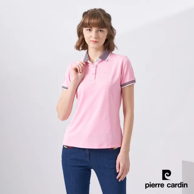 【pierre cardin 皮爾卡登】網路獨家 女款 Hi Cool吸濕排汗彈性網眼素面短袖POLO衫-粉紅色(8227292-73)