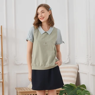 【CUMAR】異素材襯衫拼接背心假兩件短袖上衣(藍 綠 卡/魅力商品)