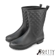 【Pretty】女 雨靴 雨鞋 短靴 防水 中筒 低粗跟 菱格紋(黑色)