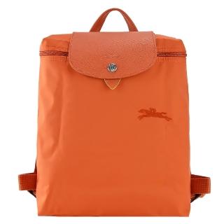 【LONGCHAMP】LE PLIAGE GREEN系列刺繡再生尼龍摺疊後背包(中/胡蘿蔔橘)