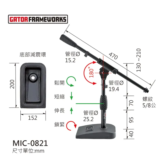 【Gator Frameworks】MIC-0821 音箱、大鼓麥克風斜架(低角度收音好幫手)