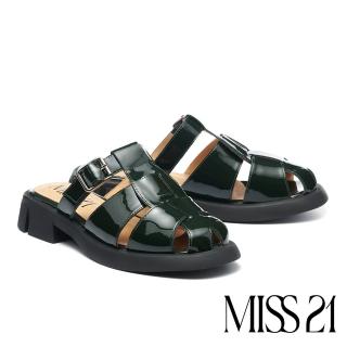 【MISS 21】叛逆簍空寬編織牛漆皮大頭厚底穆勒拖鞋(綠)