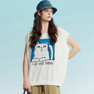 【OUWEY 歐薇】酷帥貓咪緹花寬鬆連袖針織上衣(白色；S-M；3232165012)