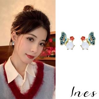 【INES】韓國設計S925銀針法式油畫釉彩蝴蝶蛋白石造型耳環(S925銀耳環 釉彩耳環 蝴蝶耳環)