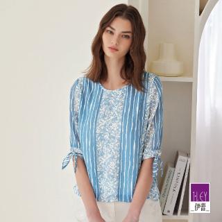 【ILEY 伊蕾】春風花漾條紋綁帶手袖雪紡上衣(藍色；M-XL；1231351402)