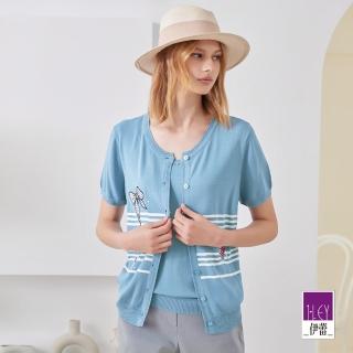 【ILEY 伊蕾】時尚刺繡造型條紋假兩件針織上衣(藍色；M-XL；1231455403)
