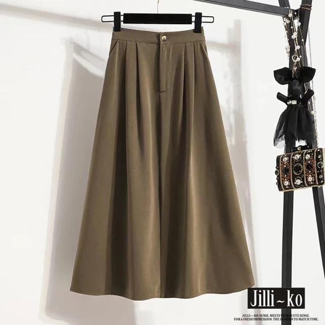 【JILLI-KO】高腰通勤純色口袋西裝大擺A字傘長裙-L/XL(黑/卡)